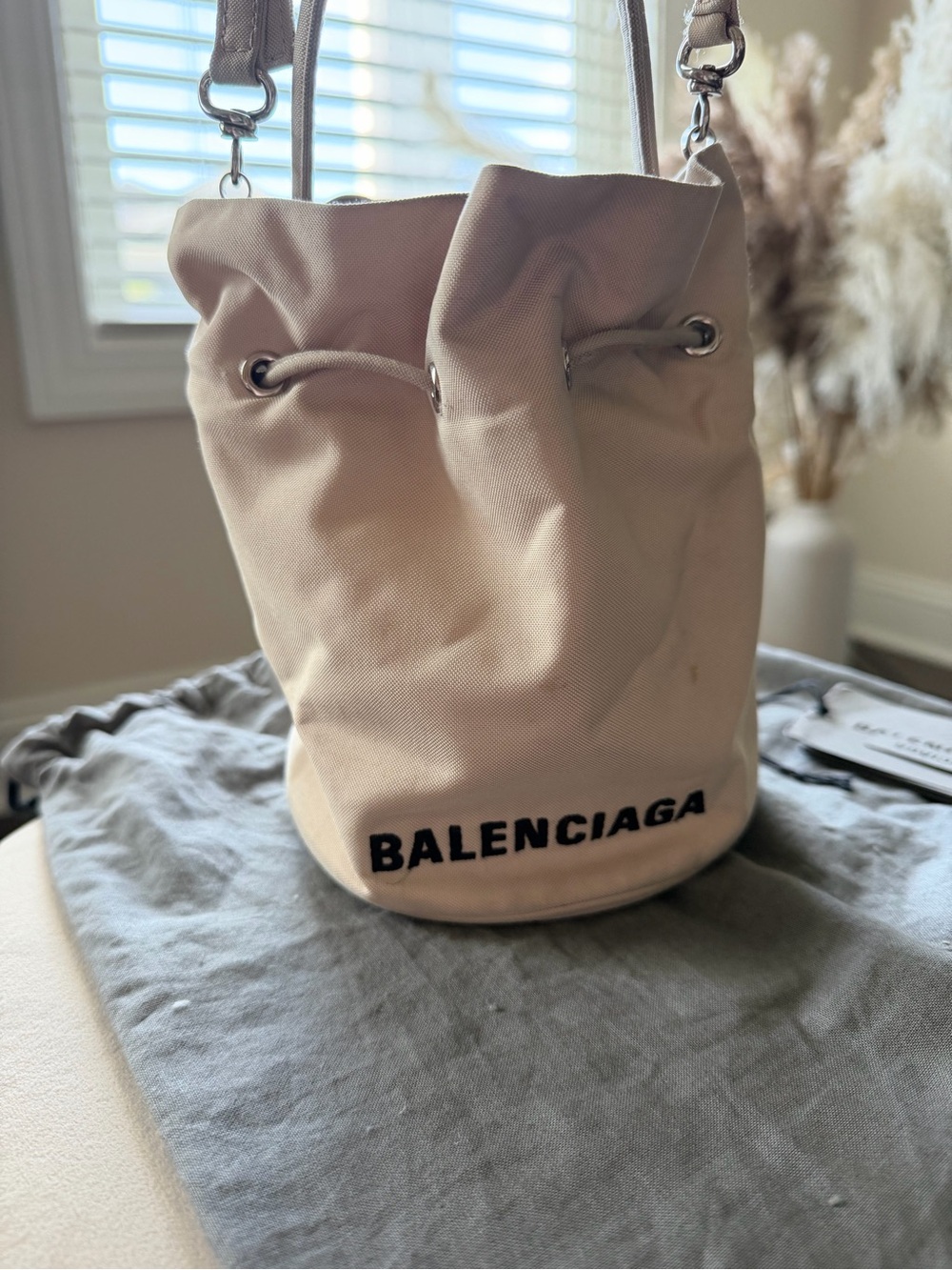 Balenciaga Beige Canvas Drawstring Bucket Bag with Black Logo